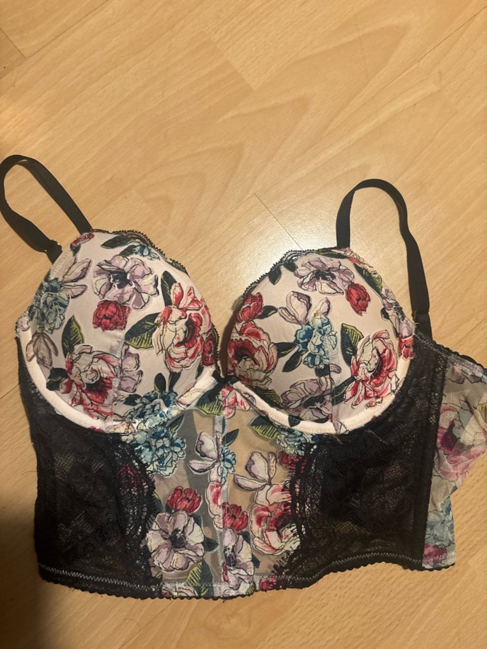 Victoria's Secret Black Lace Floral Longline Bra - Cream with Red, Pink, Blue